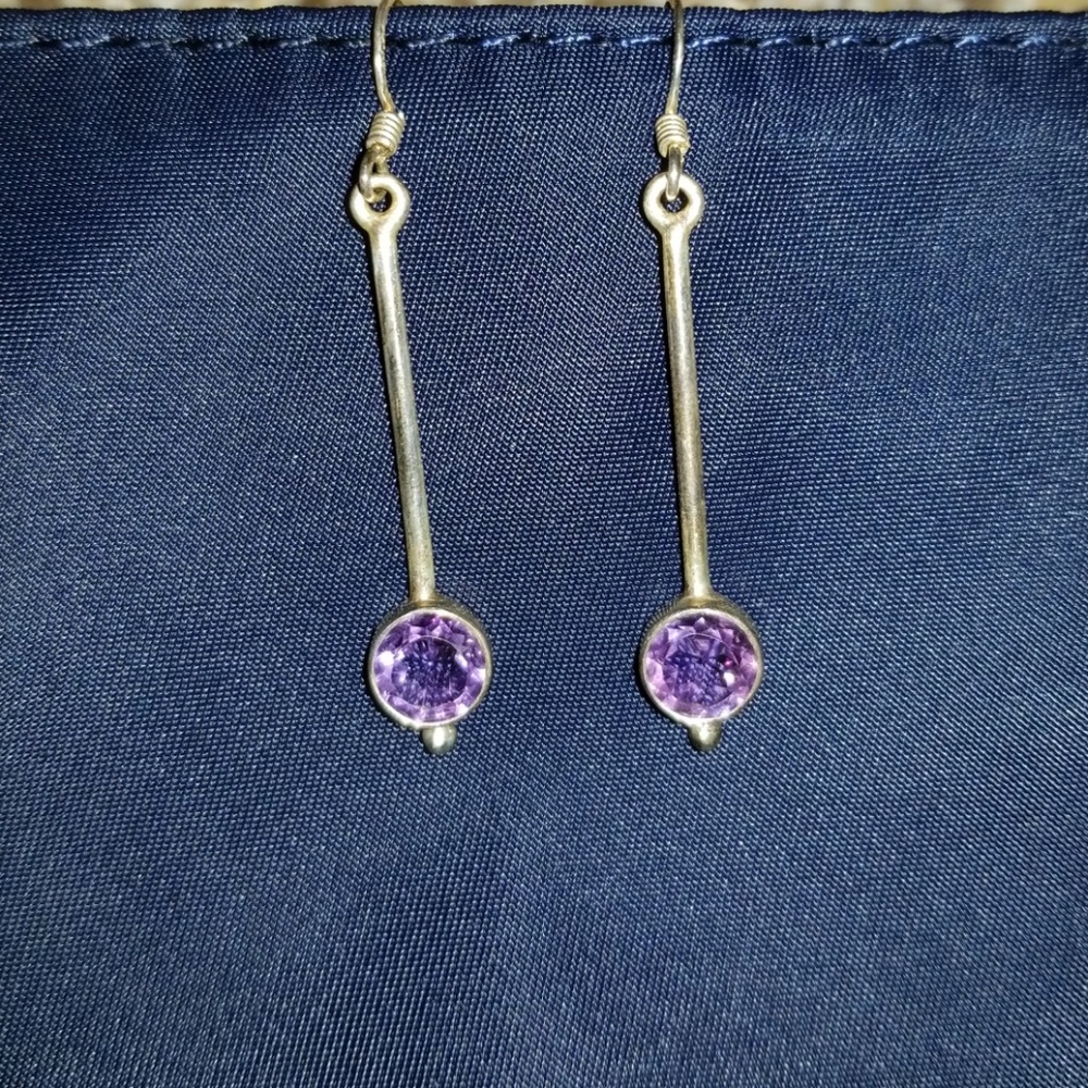 Silver drop earrings with purple gem